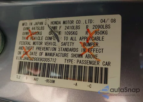 2009 Acura Tsx из США, поврежденный, VIN JH4CU266X9C005712